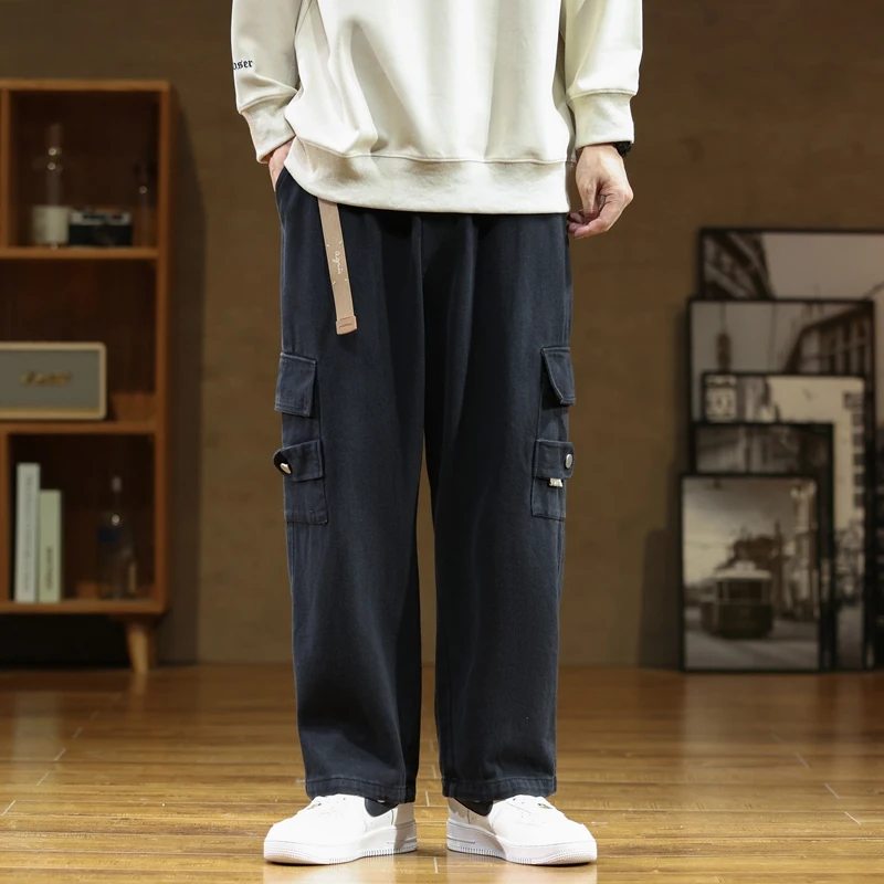 2023 Autumn New Wide Leg Pocket Cargo Pants Men Trousers Neutral Loose Casual Cotton Straight Outdoor Fashion Pants Big Size