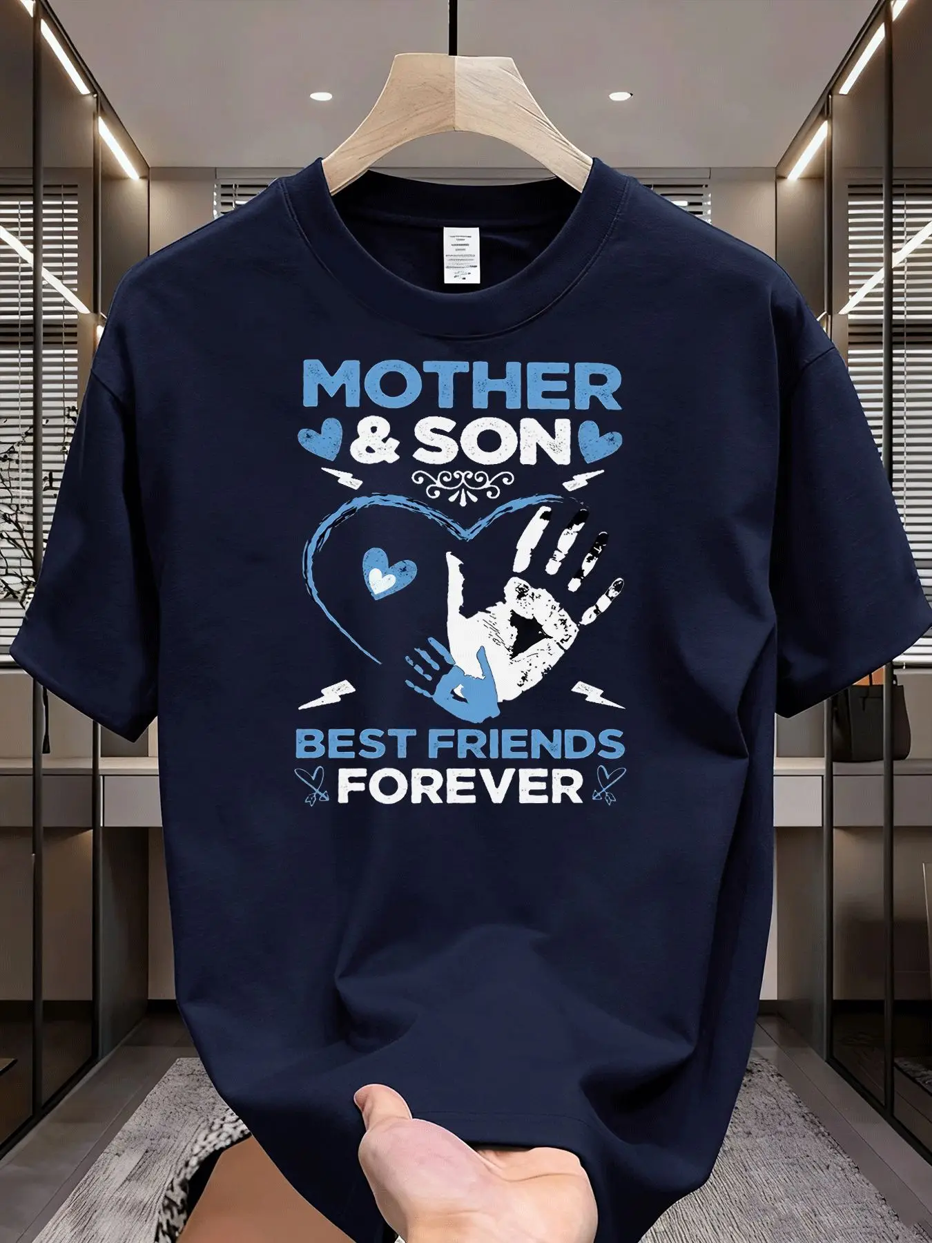 Men'S Casual Adult T-Shirt with a Blue Graphic of a Heart Handprint, Perfect for Holiday Gifts And Street Style, Celebrating The