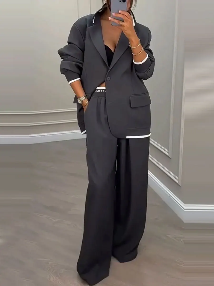 2026 Spring Autumn New Women'S Long-Sleeved Suit Set Jacket Casual Wide-Leg Pants Suit Set Women Blazer Casual Two Peice Sets
