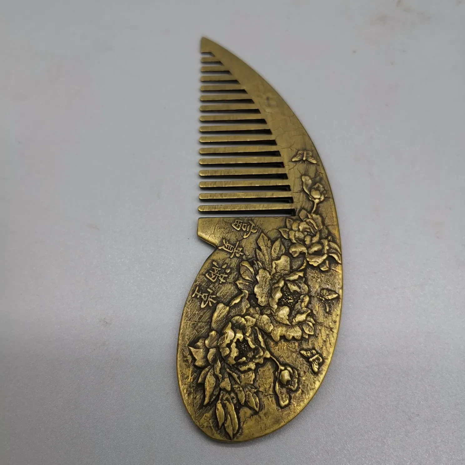 Collectibles Handwork Brass Carved Flower Beautiful Wealth Comb