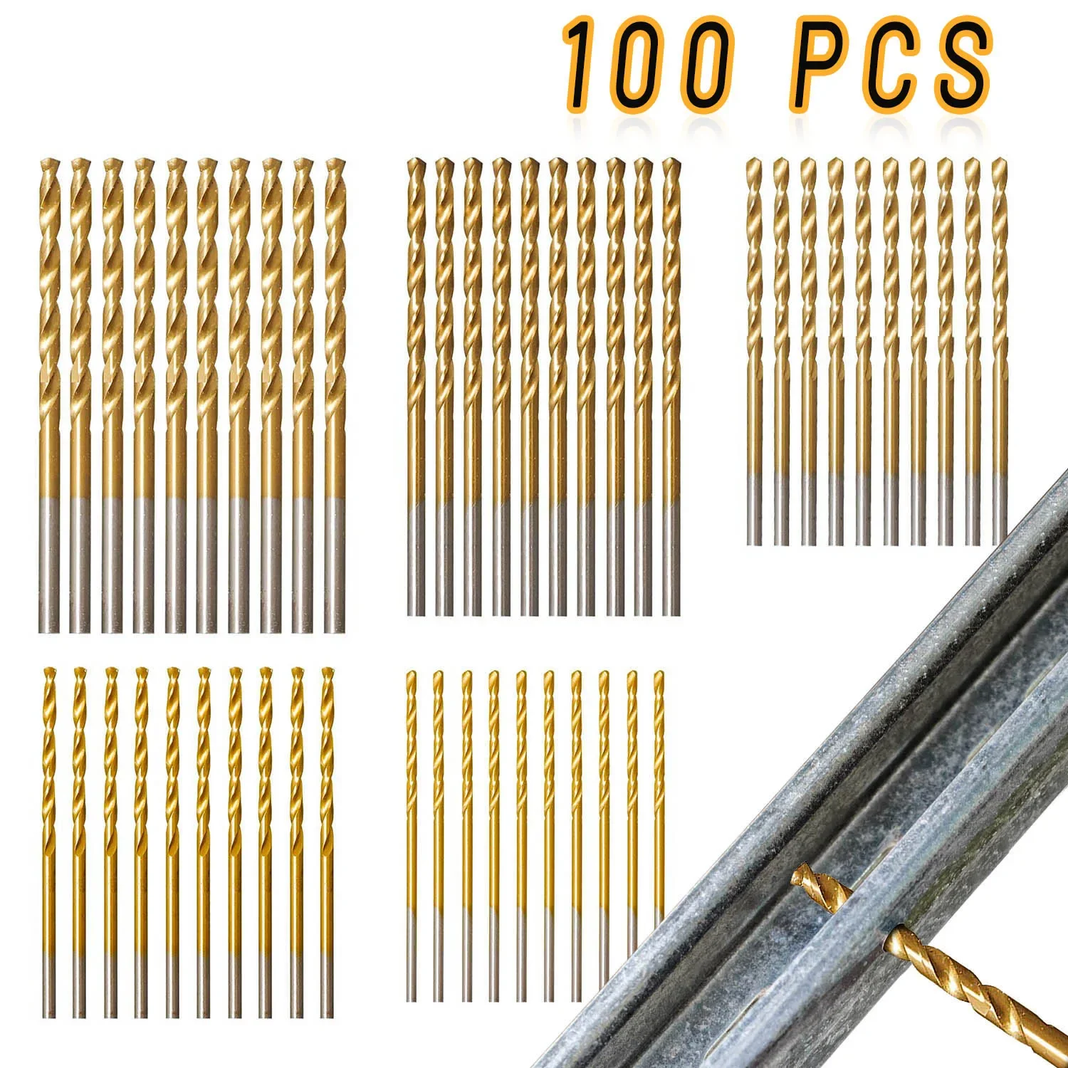 

100pcs Titanium Coated High Speed Steel Drill Bits - High Quality 135° Point,for Wood, Metal, Plastic Drilling,Micro drilling