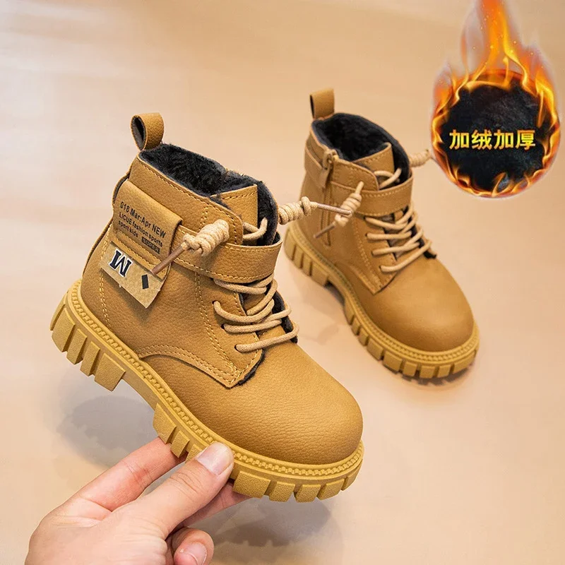 Children's Fashionable Leather Boots Winter Kid's High-top Plus Velvet Warm Snow Boots Non-slip Wear-resistant Girls Boys' Shoes