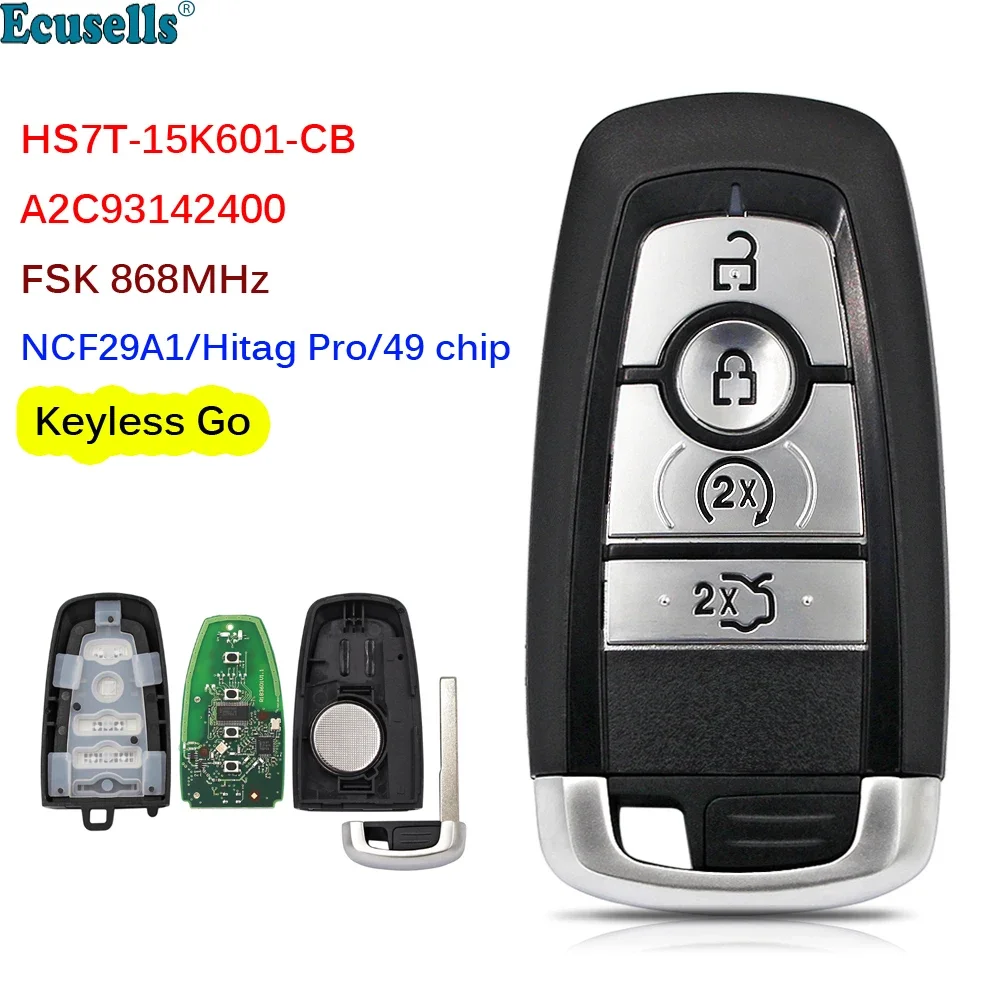 

4 Buttons 868MHz ID49 Chip Smart Keyless Go Remote Key FOB for Ford Mondeo Fusion Explorer Edge 2017 HS7T-15K601-CB A2C93142400