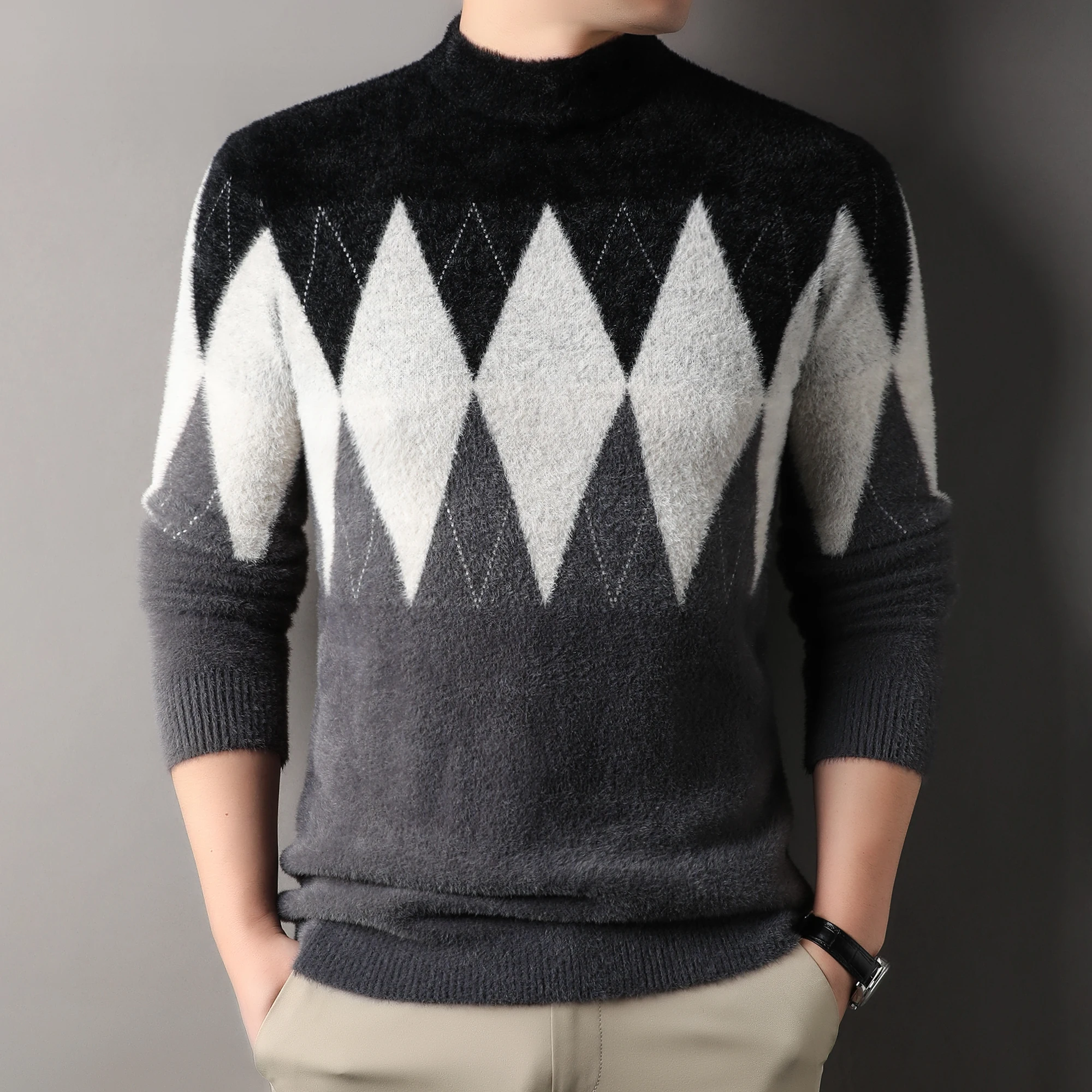 

Мужской осенне-зимний свитер 202, новый утолщенный шерстяной свитер с полувысоким воротником и ромбовидным узором, многослойная одежда с подогревом