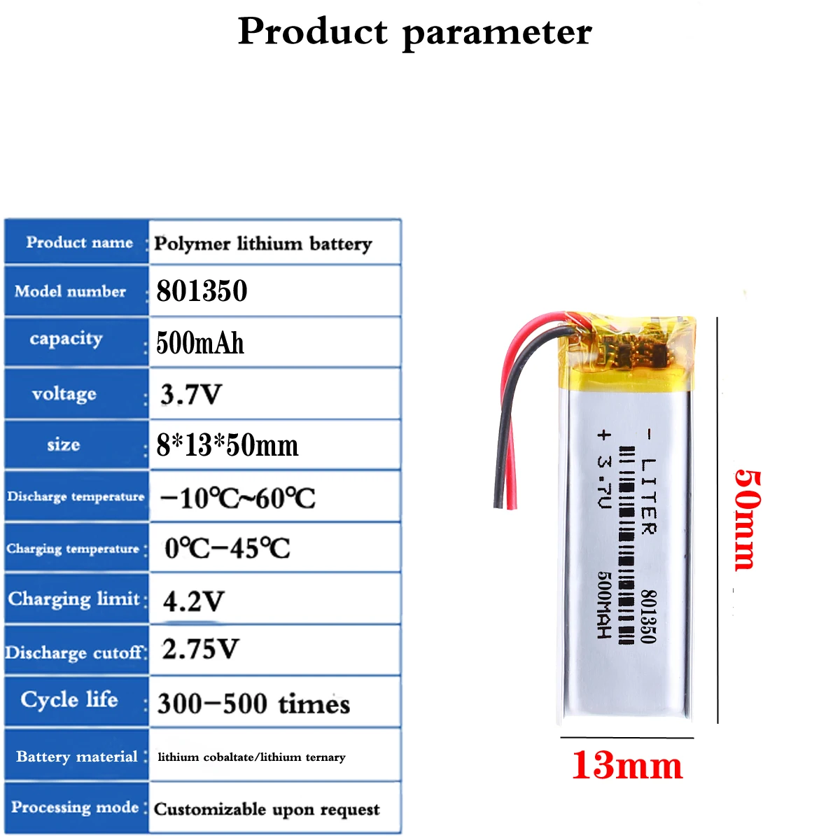 Litrowa bateria energetyczna dobra Qulity 3.7V,500mAH,801350 polimerowa bateria litowo-jonowa/litowo-jonowa do zabawek, POWER BANK,GPS,mp3,mp4