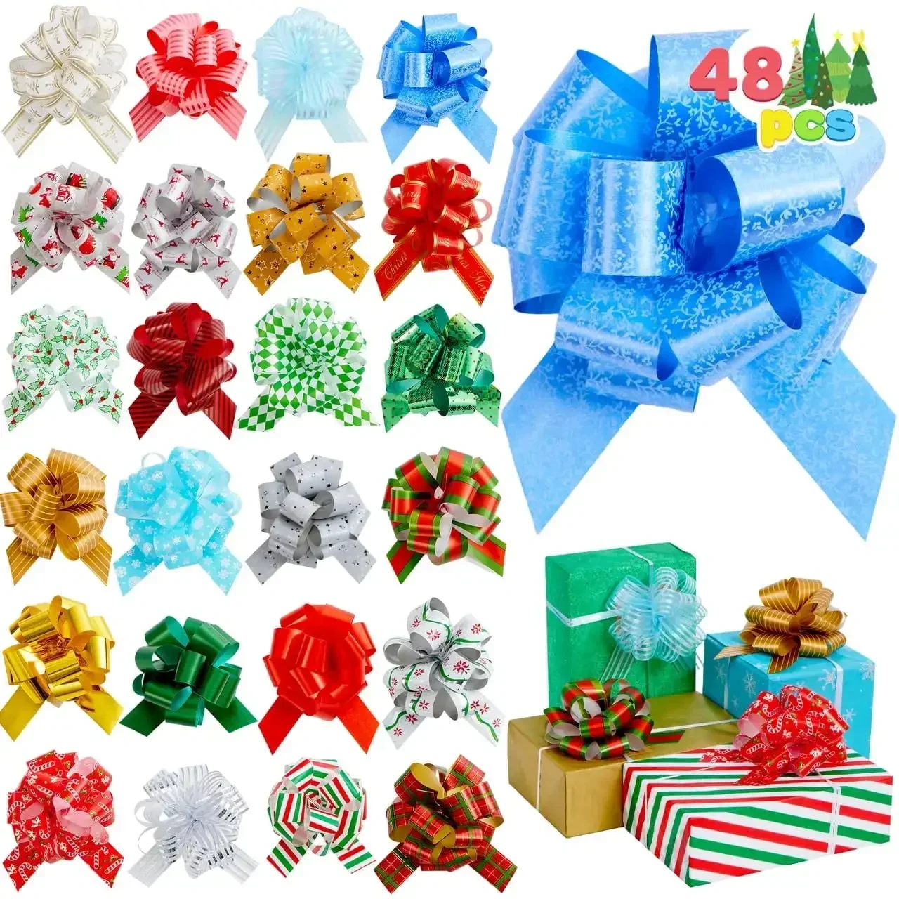 Sloosh, set da 48 fiocchi natalizi con nastro, larghi 4,7 pollici, ideali come accessori per confezionare regali, decorare cesti, bottiglie di vino e altri oggetti.