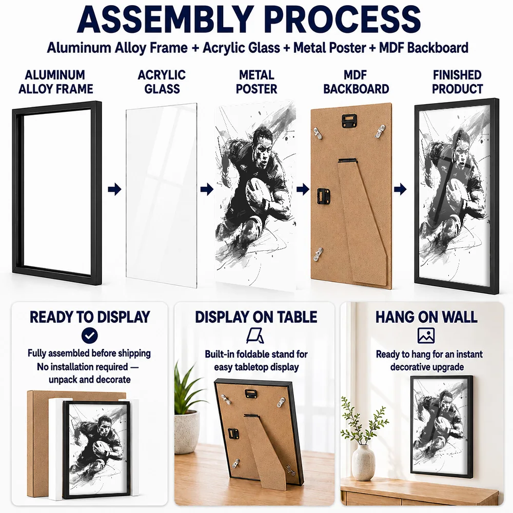 Rugby Player In Action Framed Metal Poster Personalized Photo Energetic Motion Style Wall Art For Home Gym Unique Athlete Gift
