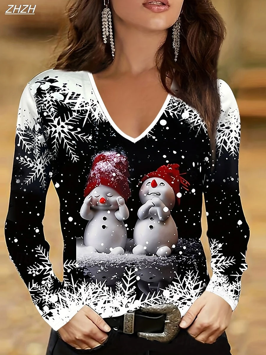 Christmas Women's T Shirt Graphic Snowman Christmas Tree Fashion Stylish Long Sleeve V Neck Regular Tops Daily Print Fall Winter