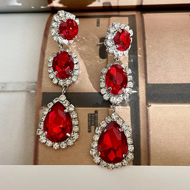 Exaggerated design of water droplets, luxurious red temperament, exaggerated earrings long earrings wine red rhinestone earrings