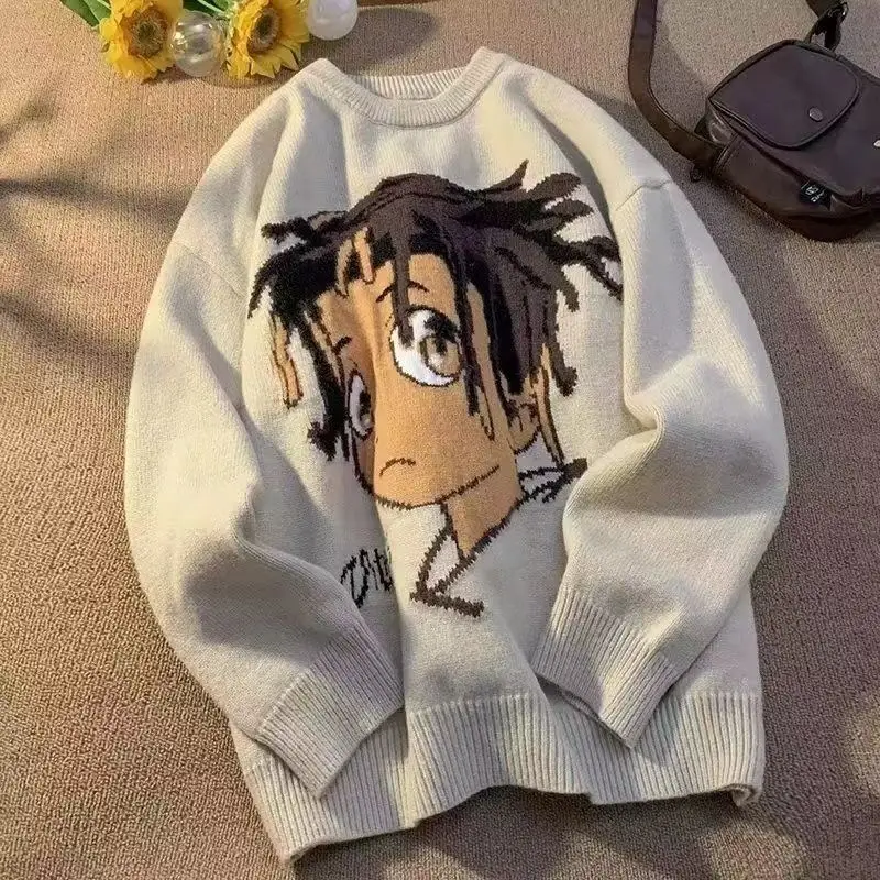 Yk2 Hip Hop Anime Sweter z nadrukiem Mężczyźni Zimowy Oversize Trend Para Pullover Sweter z dzianiny 2000s Ubrania Y2k Bluza Sweter