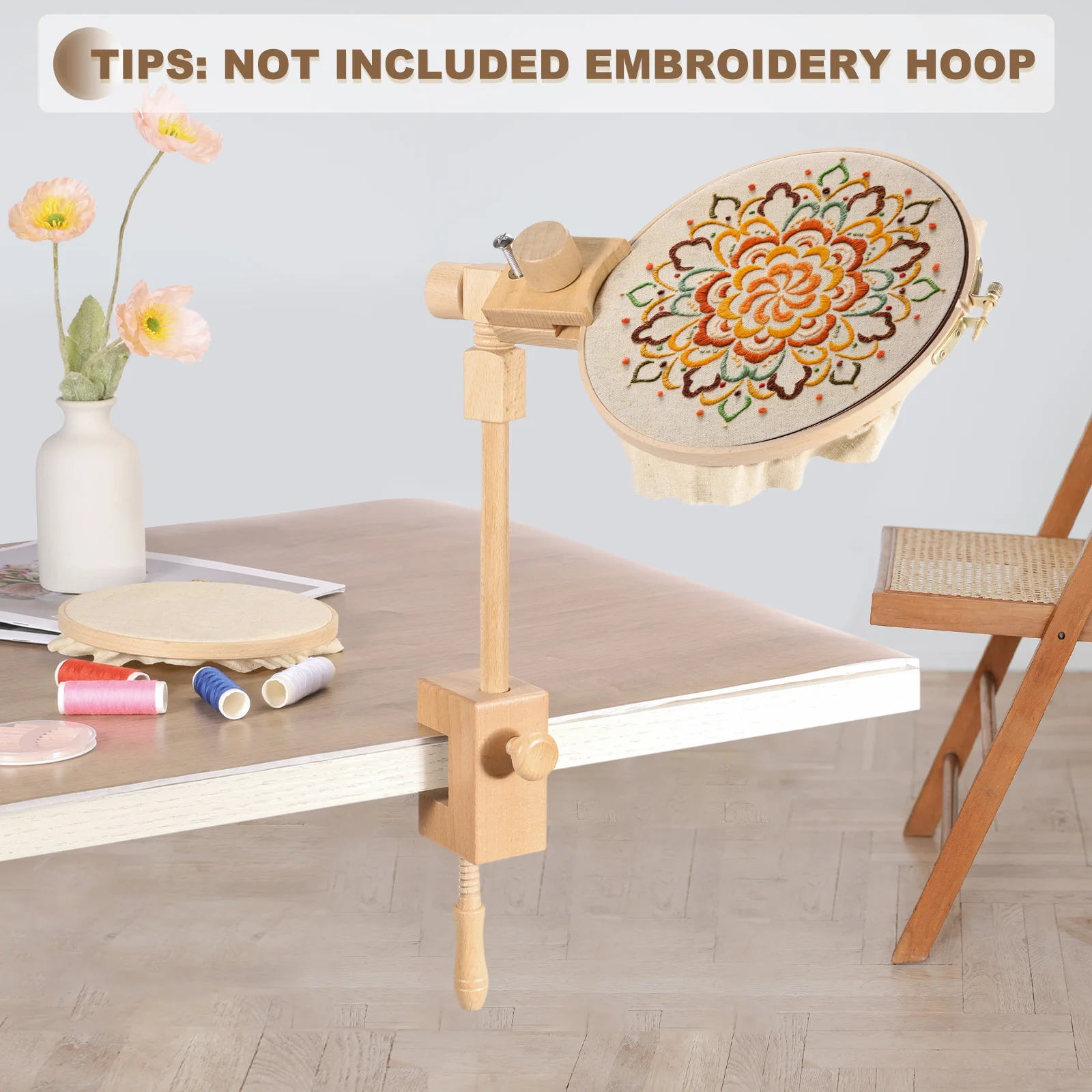 Adjustable Embroidery Hoop Stand Rotated Beech Wood Cross Stitch Stand Holder for DIY Art Craft, Sewing, Needlework Projects