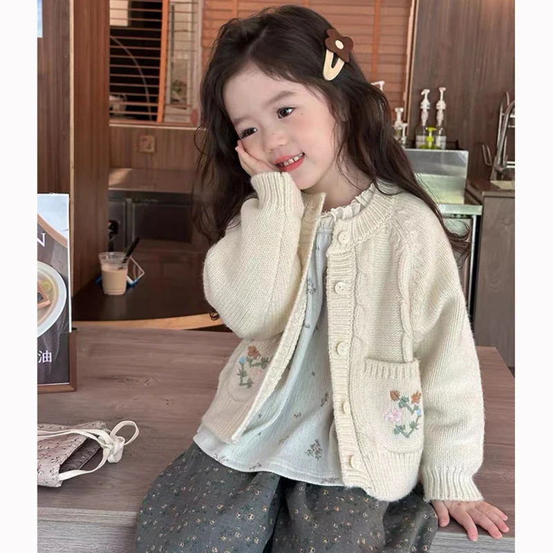 

Toddlers Cotton Knitted Cardigan New Autumn Baby Sweater Cardigan Winter Baby Girls Knitted Sweaters Jacket Embroidery Flower