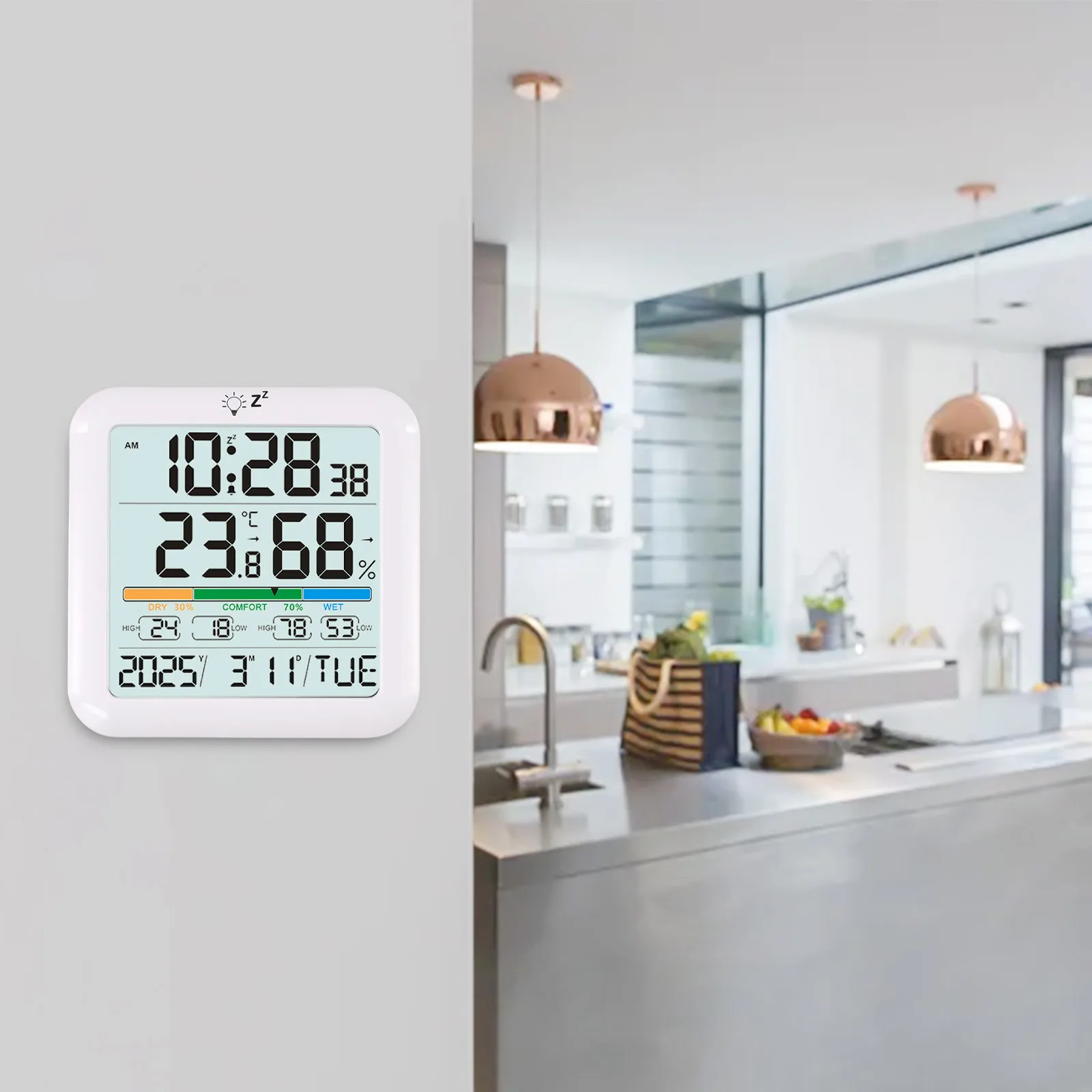 

Humidity Monitor Wireless Alarm Clock Weather Station White Backlit Display Thermometer Multiple Placement Methods