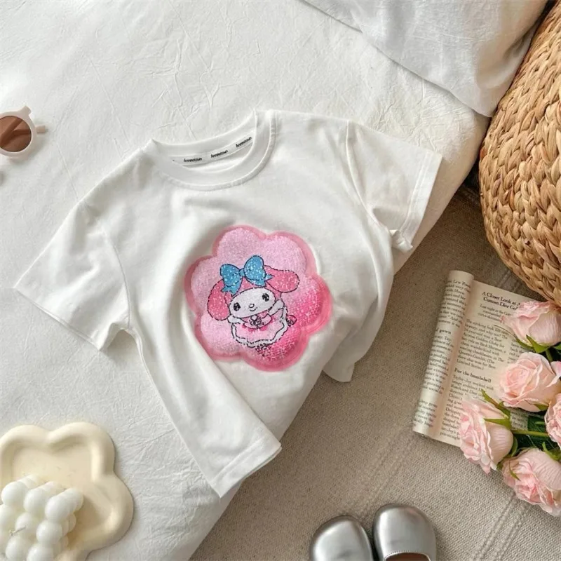 Kids Clothes Baby Girls T-shirt Cute Cartoon Kulomi Melody  Sequin T-shirt Toddler Kawaii Pattern Change Short Sleeve T-shirts