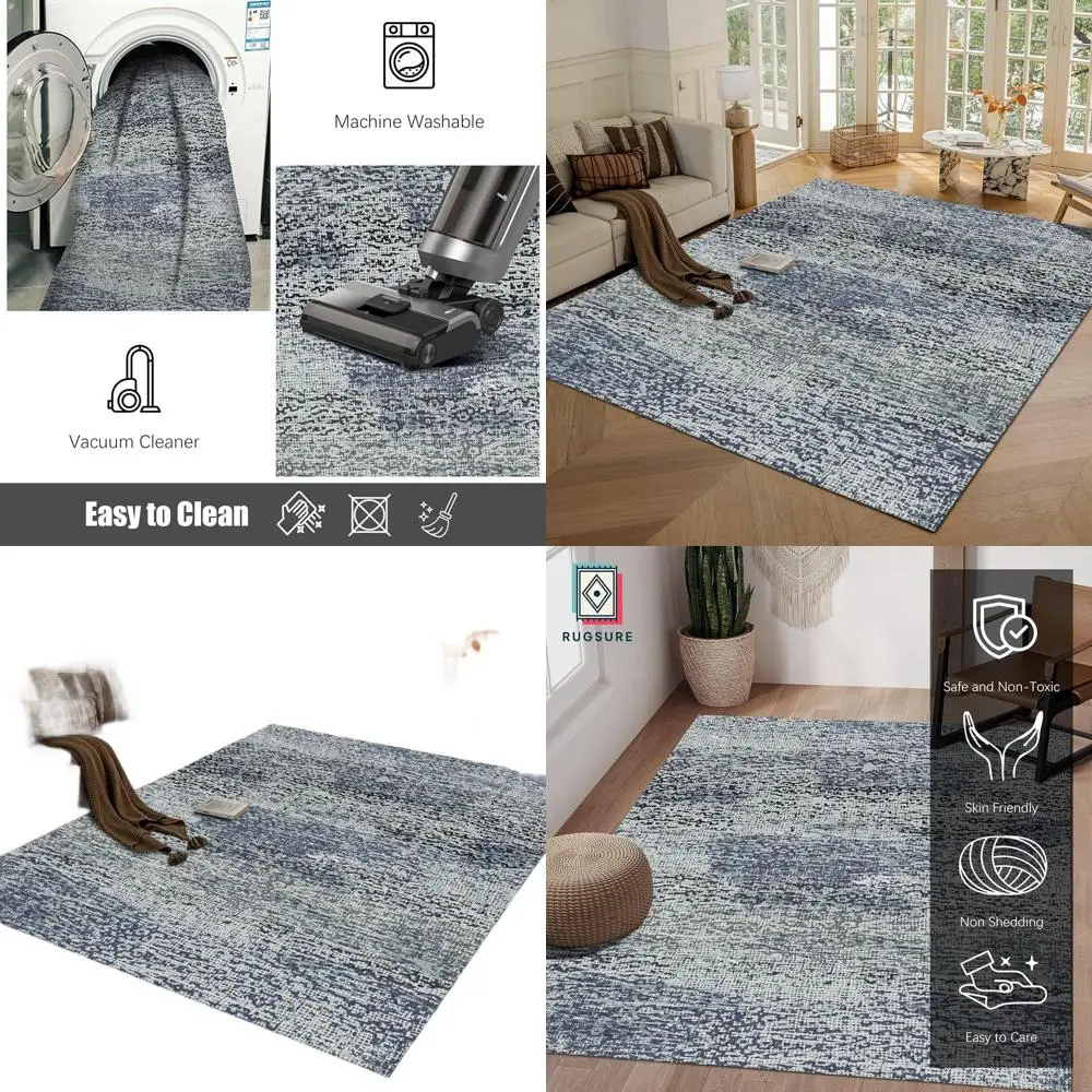 

5' x 7' Grey+LightTeal Washable Rug - 1/6 Thick, Stain & Water Resistant, Non-Slip, Suitable for Living Room, Bedroom, Nursery,