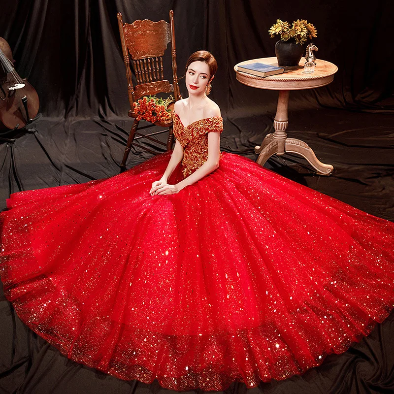Prom Dress Red Bride Wedding Toast Solo Stage Performance Evening Dress New Style Brilliant Gilded Spring