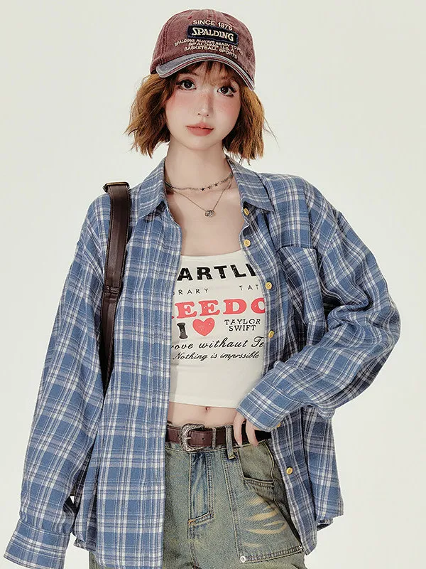 

Retro Style Blue Plaid Shirt Inner Wear Loose Lazy Open Cardigan Outer Thin Coat Women's Fashion Spring Season Regular Sleeve