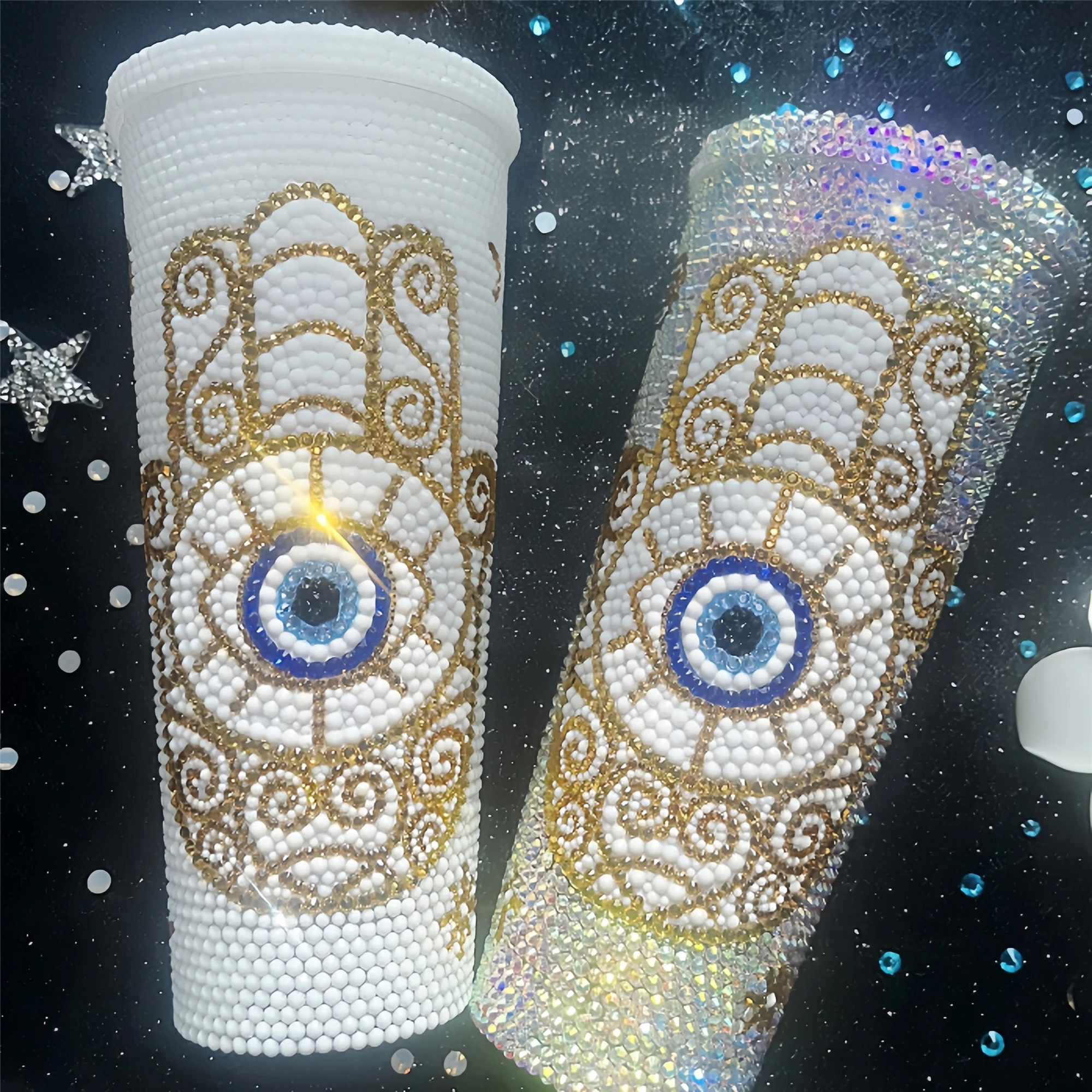 

Sparkle Evil Eye Tumbler AB/White Rhinestone Straw Water Bottle 24oz Turkish Eye Thermos Bottles Coffee Mug