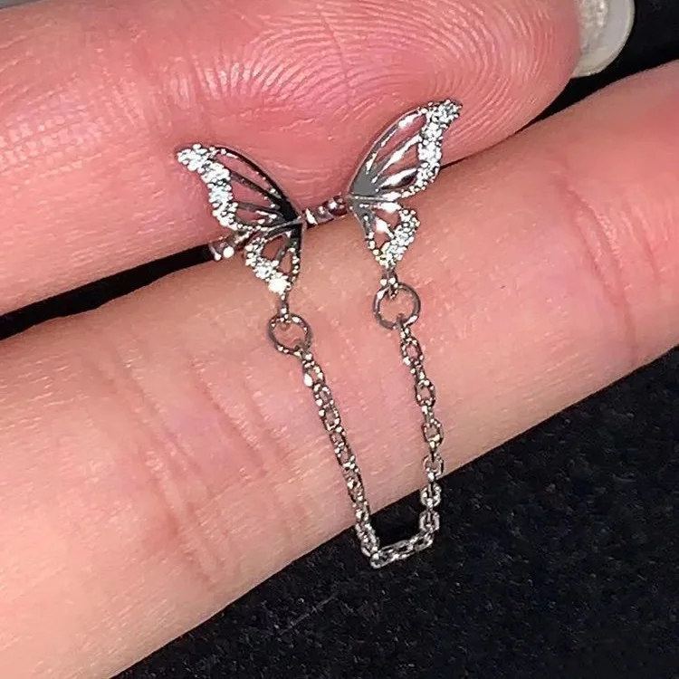 Exquisite Sweet Hollowed-out Butterfly Tassel Chain Double-ear Piercing Stud Earrings for Women Korea Designer Jewelry Accessory