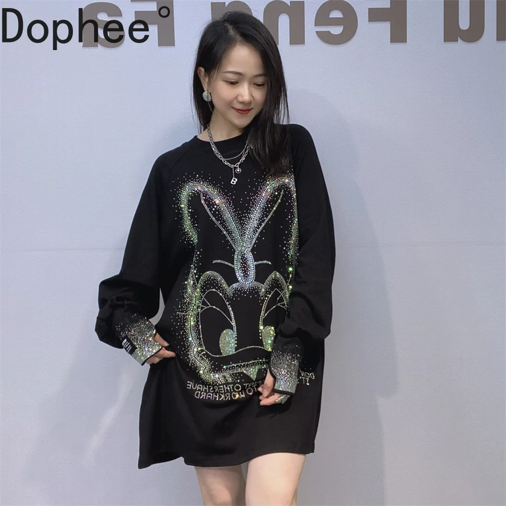 

Large Size 2025 New Autumn Women Long Sleeve T-shirt Cartoon Hot Drilling Round Neck Pullover Top All-match Mid-long Casual Tees