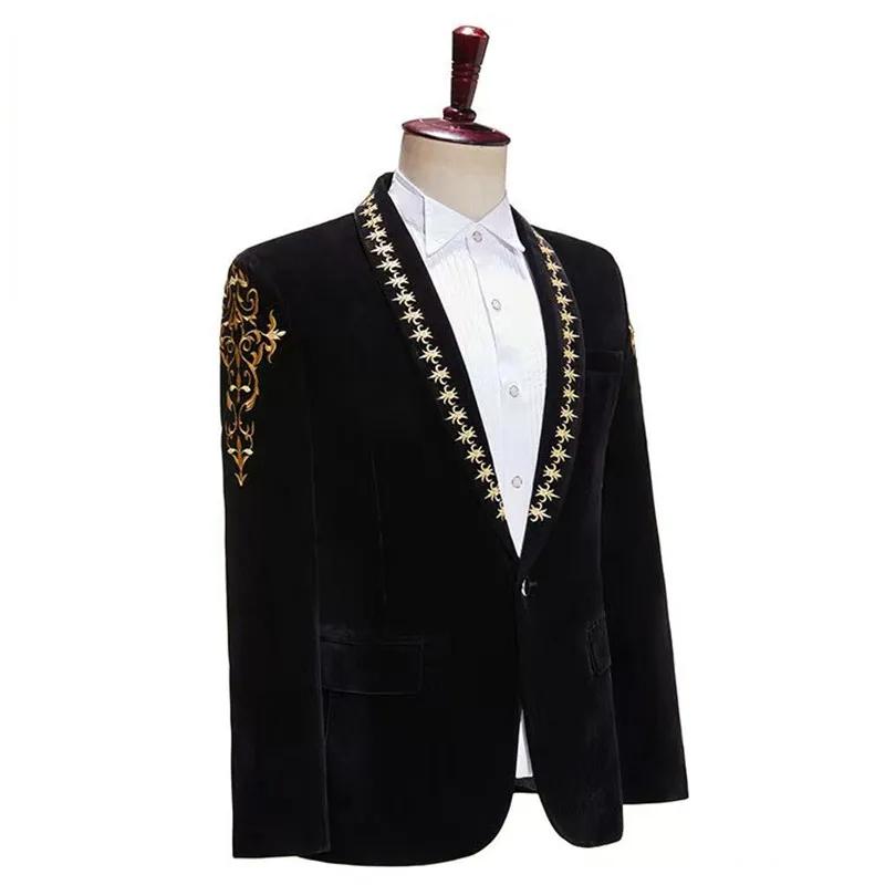 

Men's Stylish Velvet Suit Jacket Black Slim Fit Embroidery Wedding Banquet Formal Blazer Groom Photo Shoot Host Stage Dress Coat