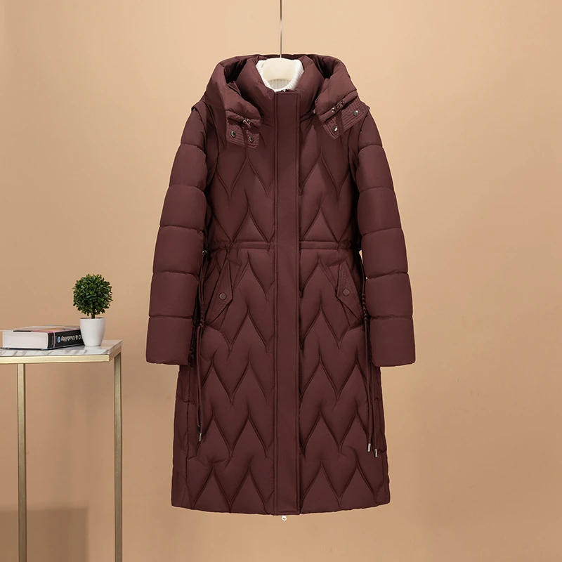 2025 ใหม่แฟชั่นยาวหนาหลวมกว่าเข่าฤดูหนาวที่ถอดออกได้แขนยาวHoodedลงผ้าฝ้ายเบาะJacket Coat