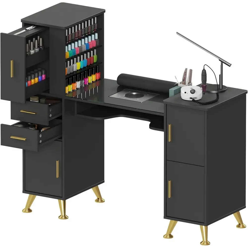 

Стол для маникюра со стеклянной столешницей и подставкой для запястий, маникюрная станция с пылесборником и выдвижными ящиками для хранения, черная рабочая станция для салонов красоты