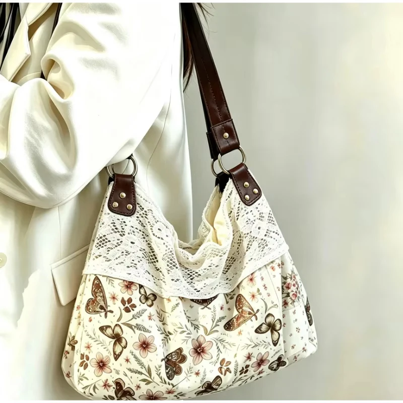 Mori Girl Ditsy-Blumenmuster-Schultertasche mit Spitzenbesatz und Patchwork-Design, Damen-Handtasche im Colorblock-Stil, leichte Vintage-Bohemian-Chic-Tasche – Detail 9
