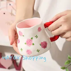 Pink Flower Mug French Irregular Shape Hand-painted Underglaze Color Mug Ceramic Coffee Cup Breakfast Milk Mug Wedding Gift