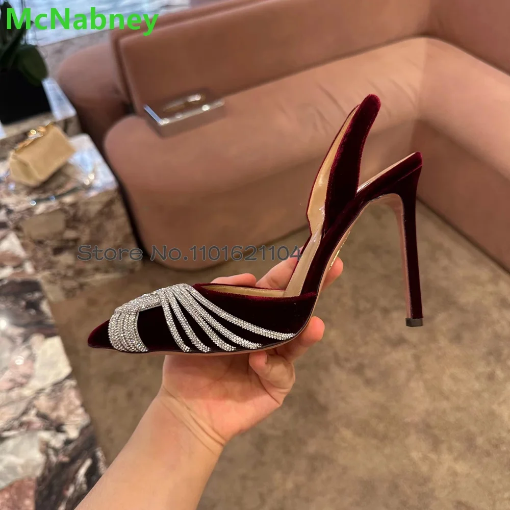 Wine Red Suede Fabric Crystal Pumps For Female Women Pointed Toe Back Strap Slingback Thin High Heel Shallow Elegant Shoes