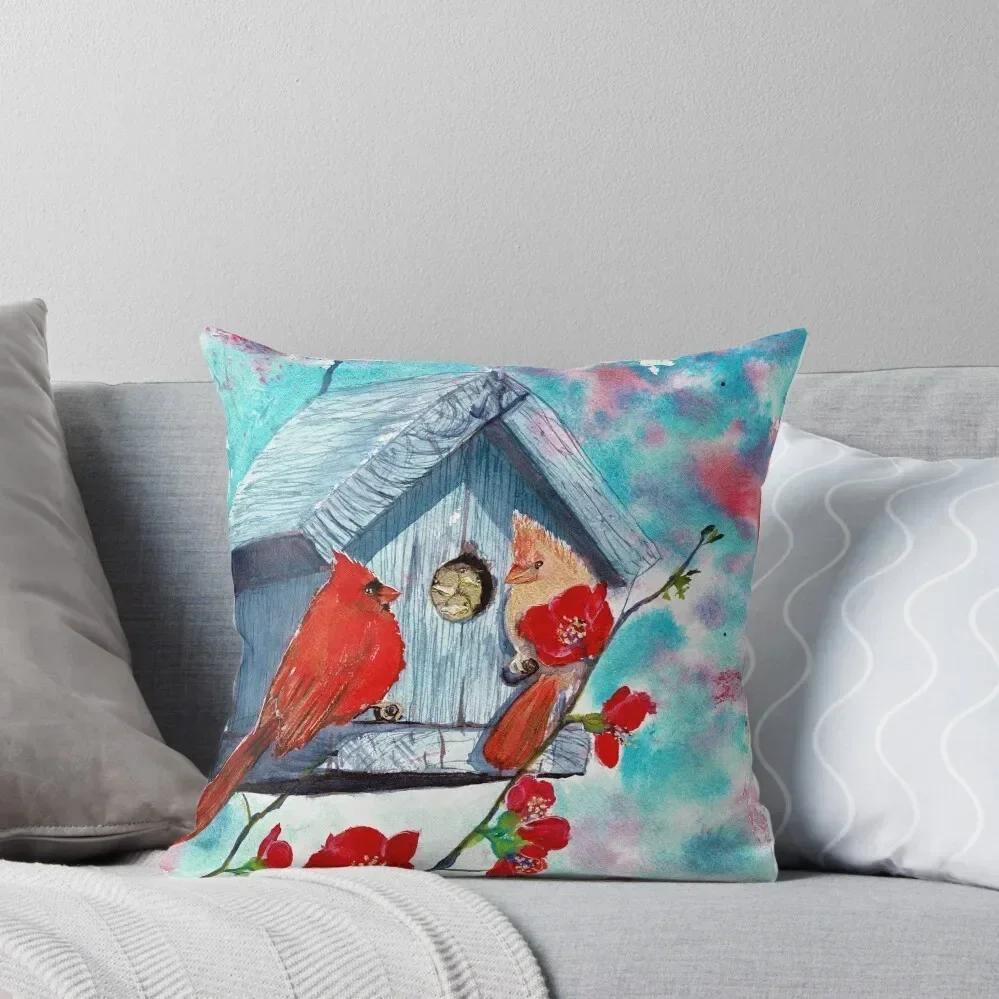 Painting by Laura Rispoli Home Cardinals Red birds Family Bird house love red cherry blossoms watercolor painting a Throw Pillow