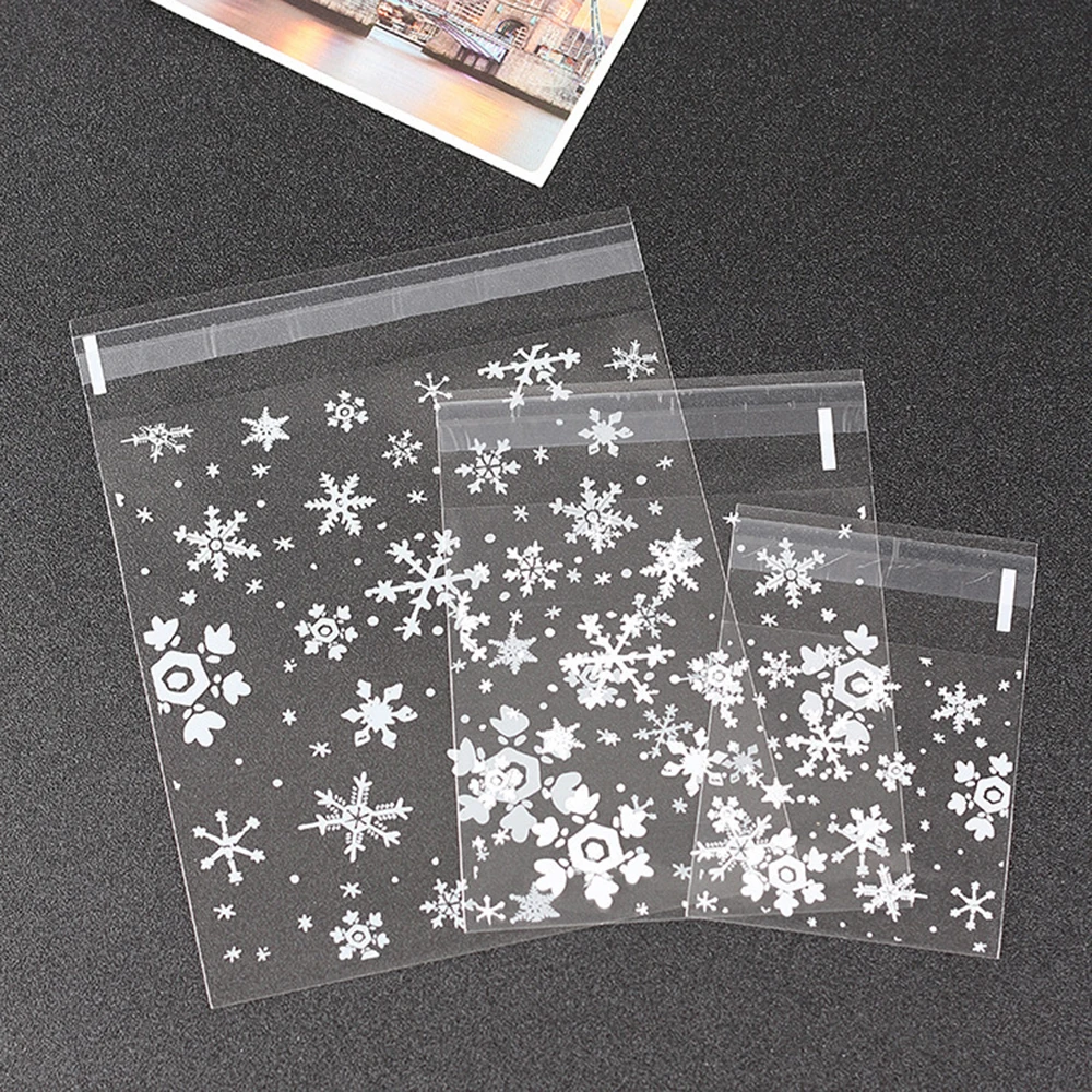 100Pcs Snowflakes Christmas Candy Bags Transparent Biscuits Snacks Package Pouchs Self-Adhesive Christmas Party Baking Package