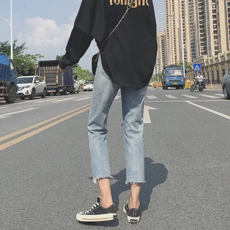 

Pencil Jeans Women High Waist Clothing Casual Skinny Solid Hole Trousers Fashion Streetwear Comfy Washed Femme Blue All-match