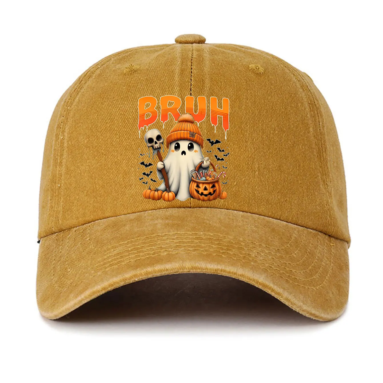 Brun Kawaii Ghost Тыква Фонарь Бейсболка с принтом Винтаж Хэллоуин Женщина Мужчина Регулируемая мытая шляпа Классическая кепка дальнобойщика