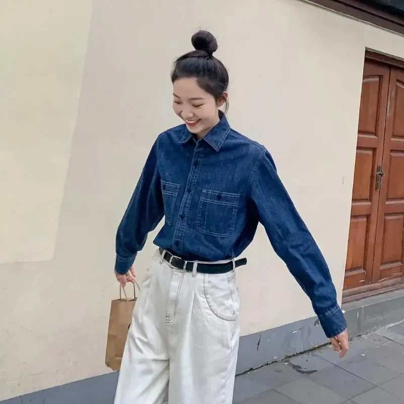 

Women Dark Blue Denim Shirt Long Sleeve Loose Casual Blouse for Layering