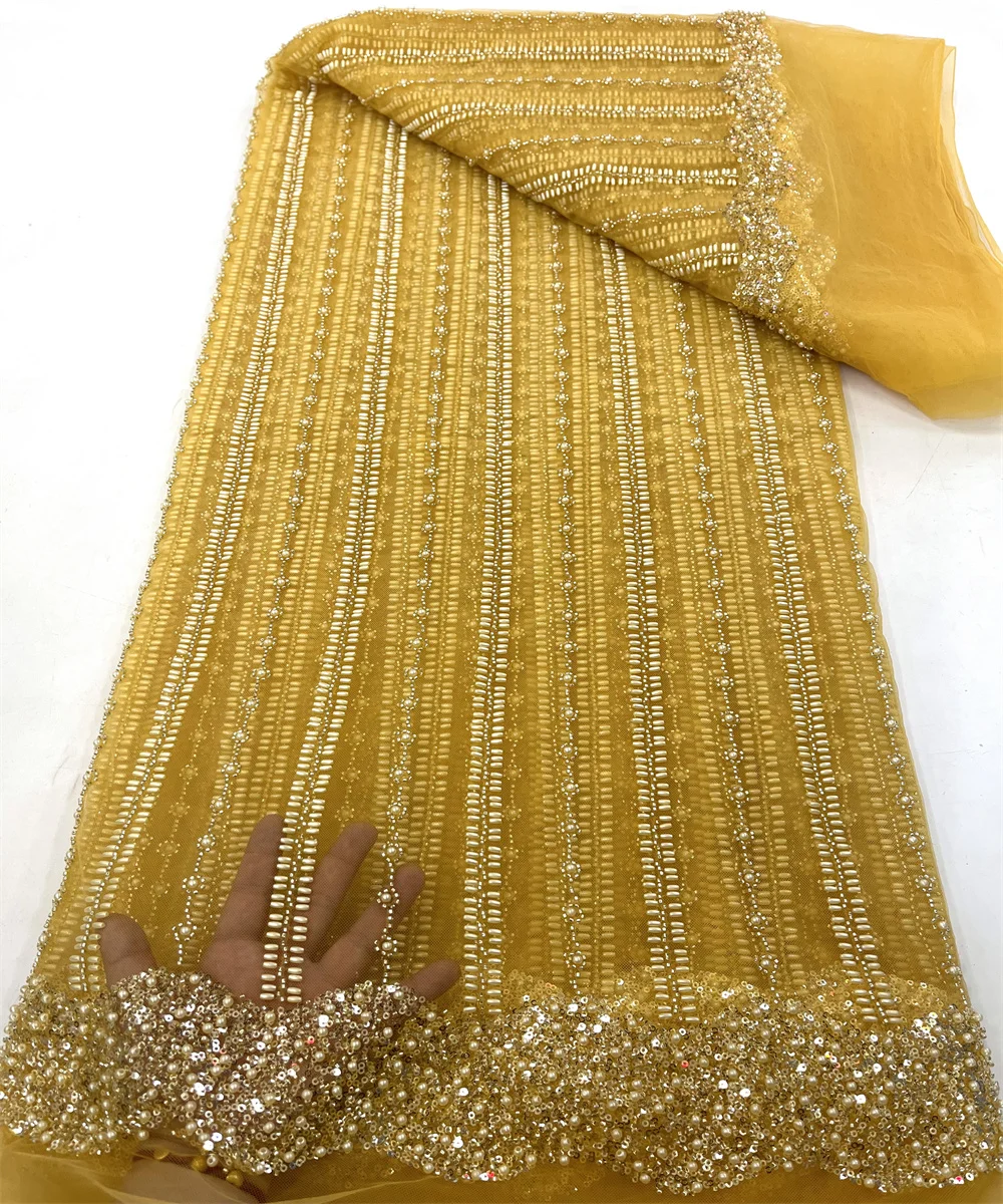 

5Y French Popular Light Luxury Design Handmade Beads Sequins Net Lace Super High Quality Fabric For Party Evening Dress