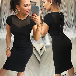 Plus Size Women Mesh Splicing abiti a maniche corte Sexy Night Club Bodycon Zipper Dress Summer Midi Pencil Vestidos De Mujer