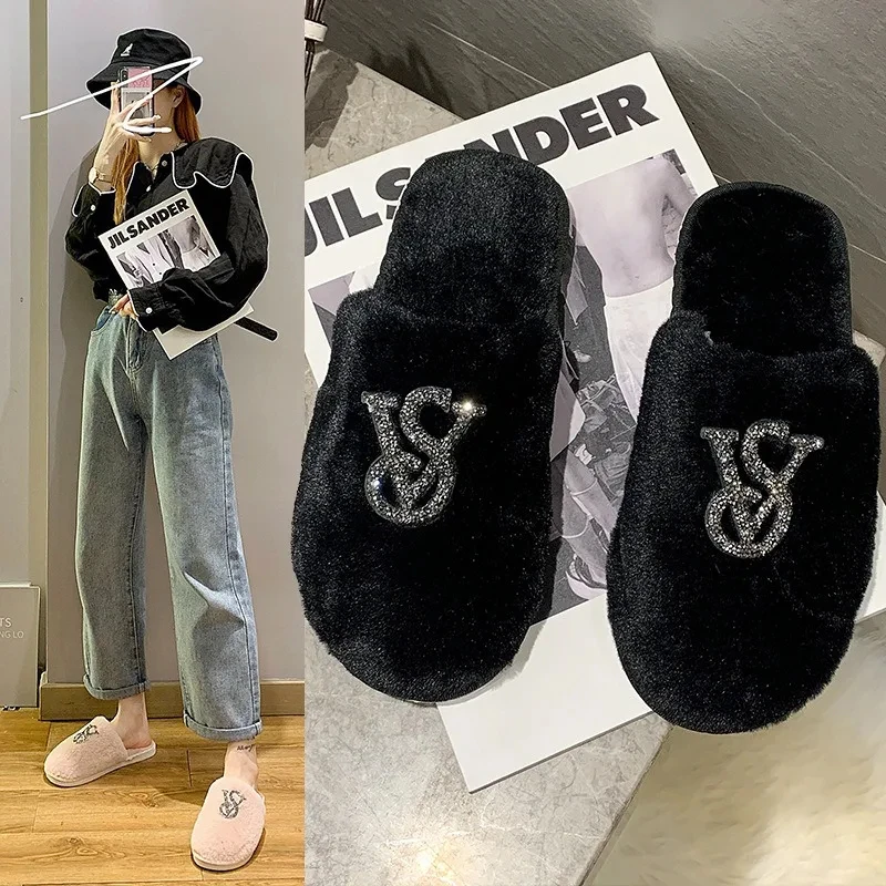 

2024 Hairy Cotton Slippers Women Winter New Warm Footwear Home Bright Diamond Slippers Fashion Outer Wear Women's Flat Shoes