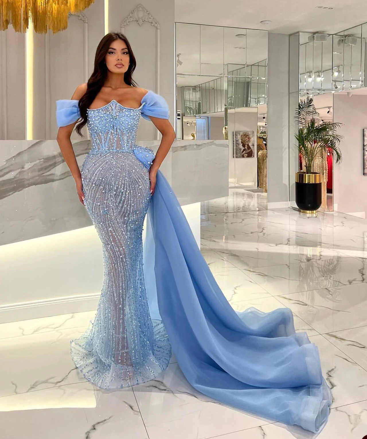 Eleganti abiti da ballo blu per le donne con spalle scoperte che bordano paillettes perle abiti da sera personalizzati Robe De Soirée