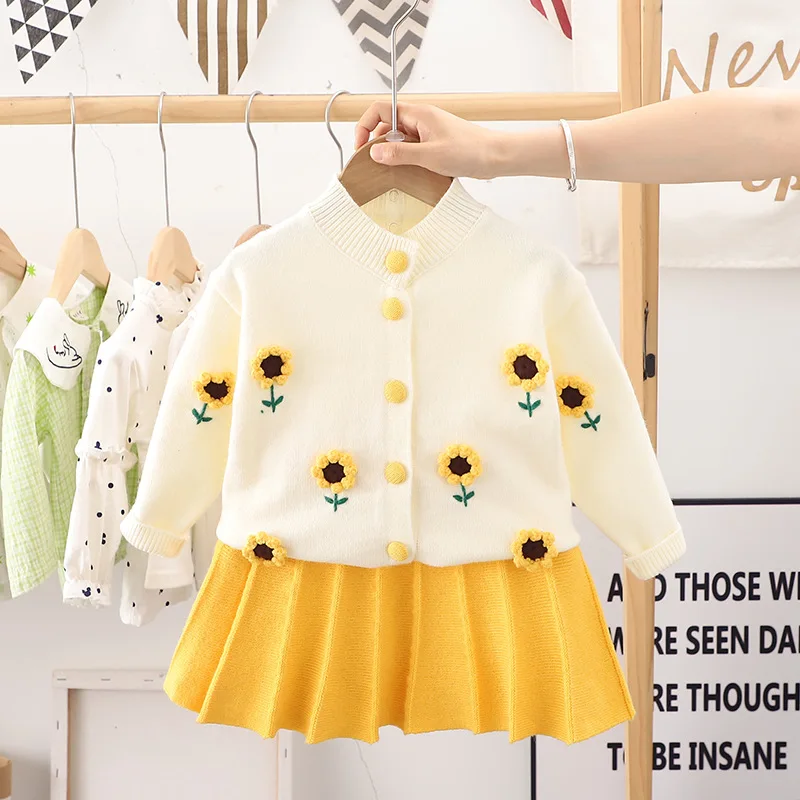 Kids Clothing for Baby Girl Sweater 2 Pieces Sets Solid Color Cute Fashion Single Breasted Floral Printed Knitted Pleated