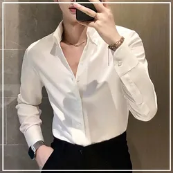 Korean Version Senior Niche Design Simplicity Temperament Handsome Skinny Solid ColorButton Leisure Men's Shirts Autumn 2024