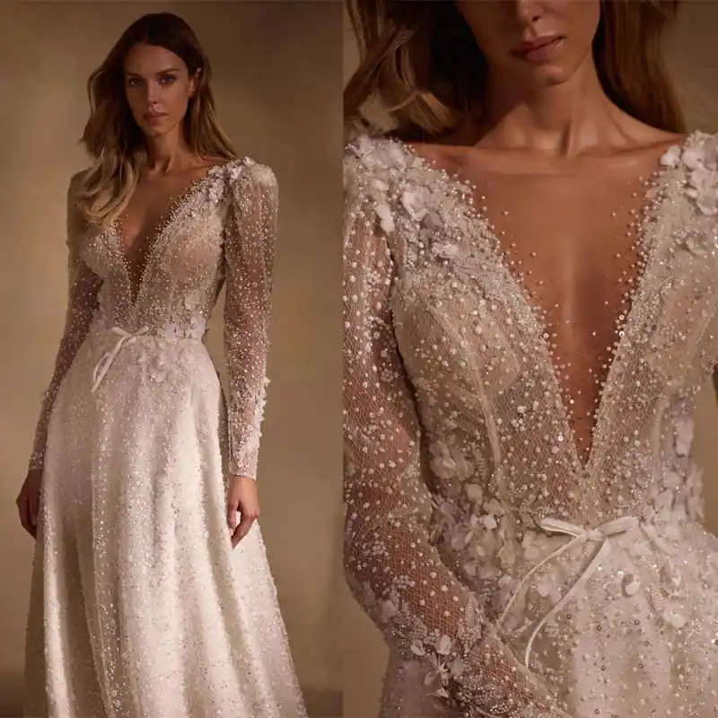 Glamorous A-Line Wedding Dress with 3D Flowers