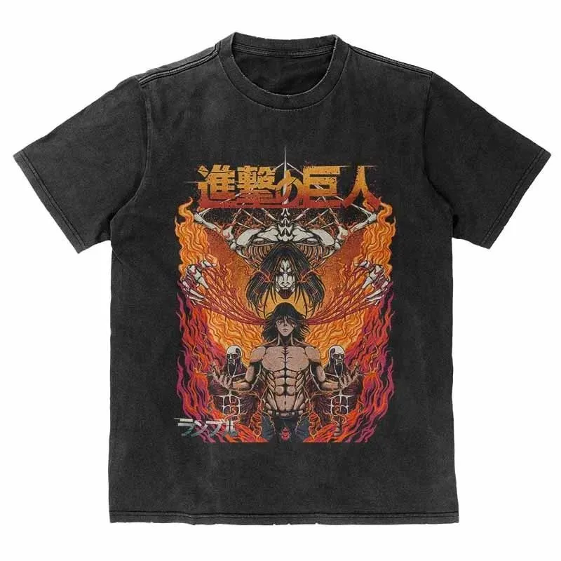 Anime Attack On Titan Eren Jaeger Graphic Printed T Shirt Men Women Y2k T-shirts Washed Cotton Tee Harajuku Male Loose Tshirt