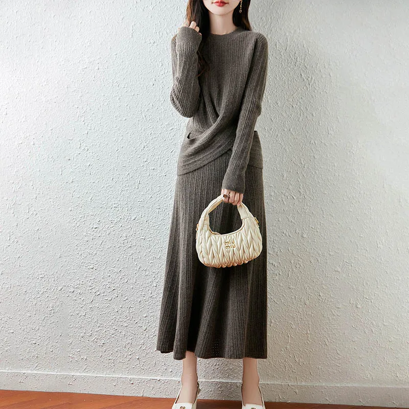

Women 100% Merino Wool Two-piece Suit O Collar Pullover Fold Sweater Mermaid Skirt Autumn Winter Fashionable Comfortable Knited