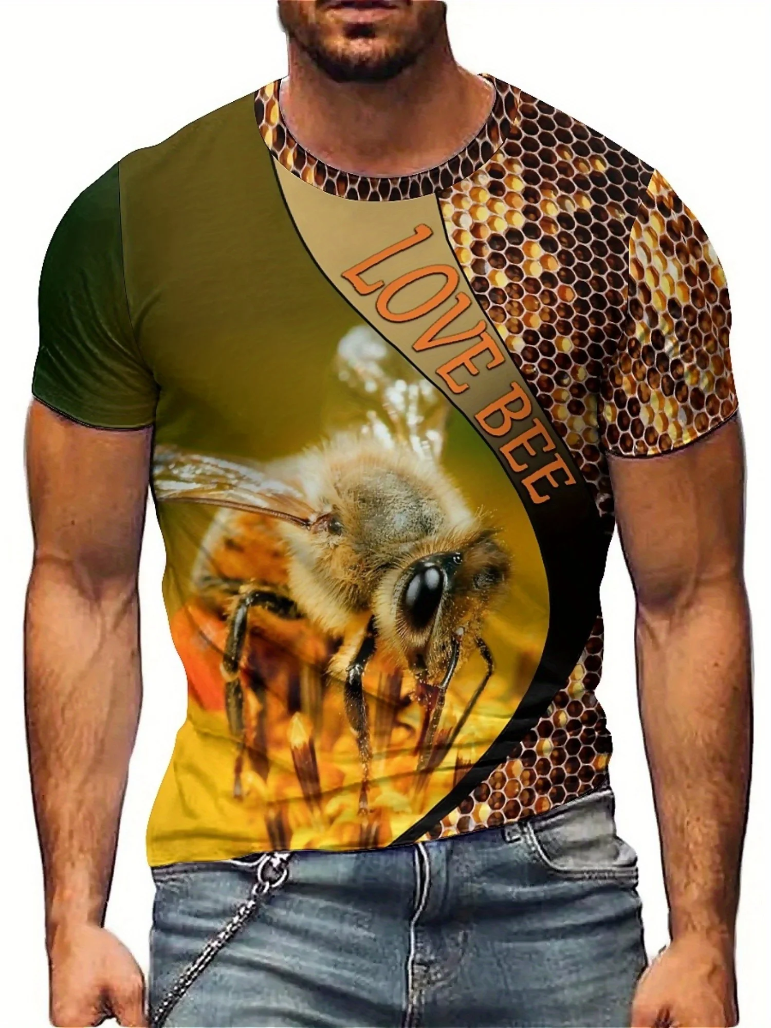 

Men'S Plus Size 3D Bee Print T-Shirt - "I Work Hard" Graphic, Casual Loose Fit, Short Sleeve, Polyester, Summer Fashion