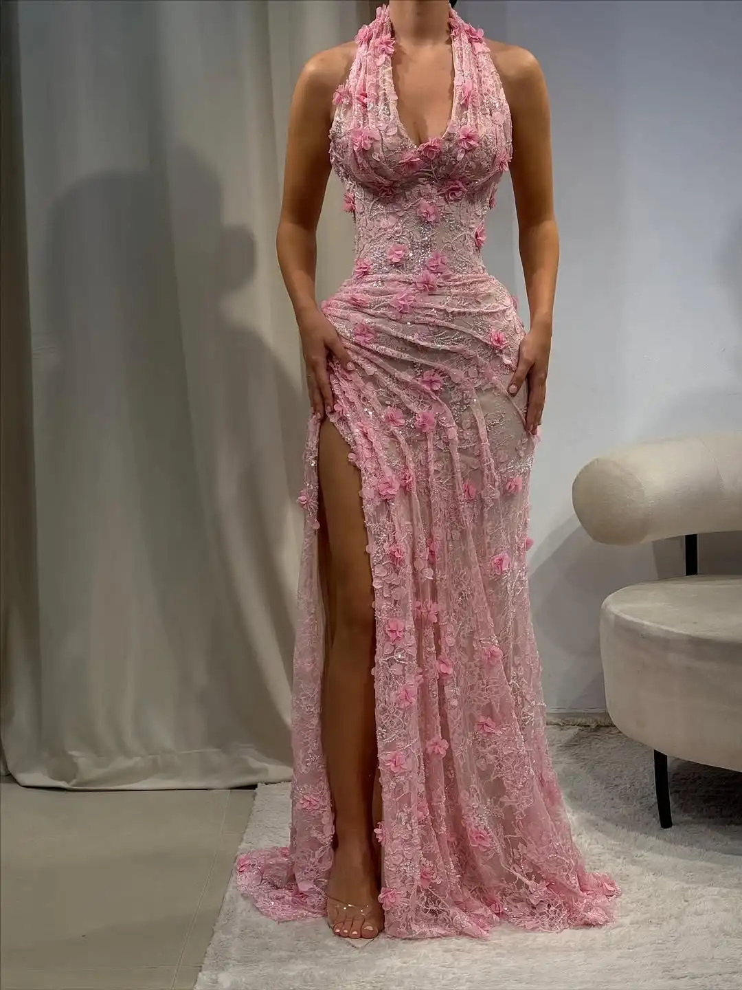 Nuevo diseño Halter apliques flores 3D cuello en V cintura plisada abertura lateral ilusión delgada sirena vestido de fiesta Formal de graduación de noche