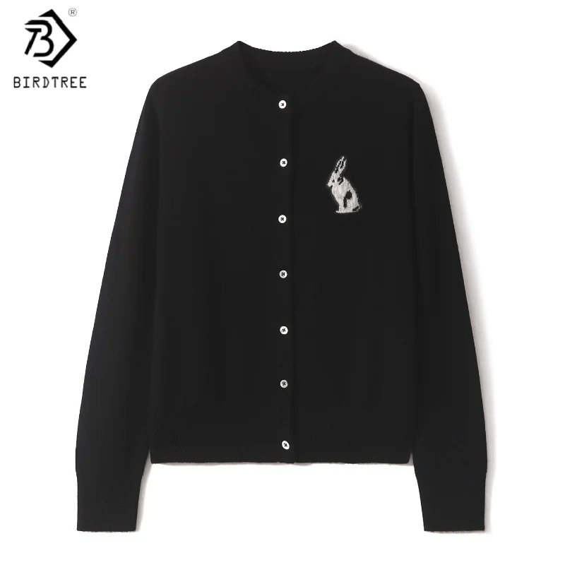 

Birdtree,90% Sheep Wool 10% Cashmere Knitted Cardigan,Woman O-neck Single Breasted Sweater,2025 Autumn/Winter Coat,BlackT5O032JF
