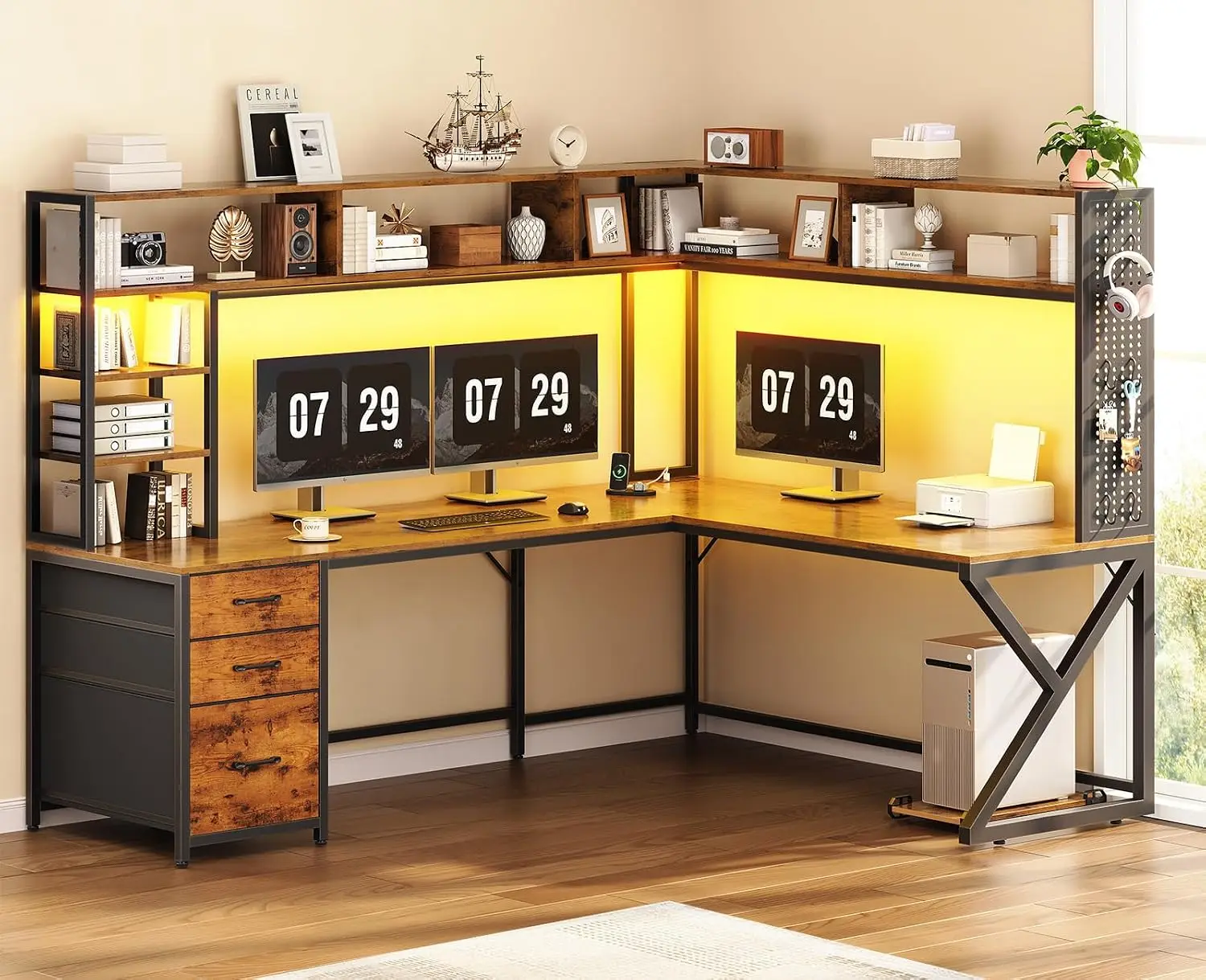 L Shaped Computer Desk With Hutch, 3 Drawers & Shelves, Home Office Workstation, Customized