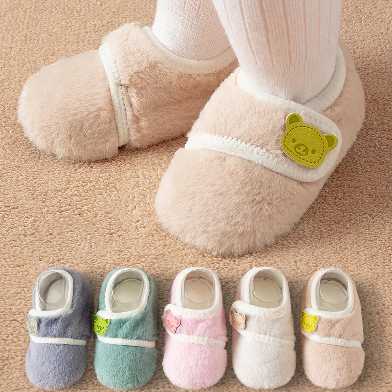 

Cute Bear Baby Floor Shoes Winter Fluffy Fur Anti-slip Walking Shoes Cartoon Warm Plush Kids Boy Girl Home Slippers