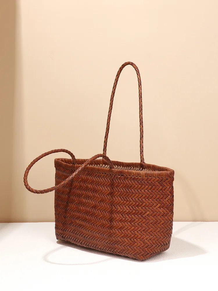 

French ins style vegetable basket bag hand-woven first layer of cowhide leather retro hand-held mother-and-child tote rattan bag